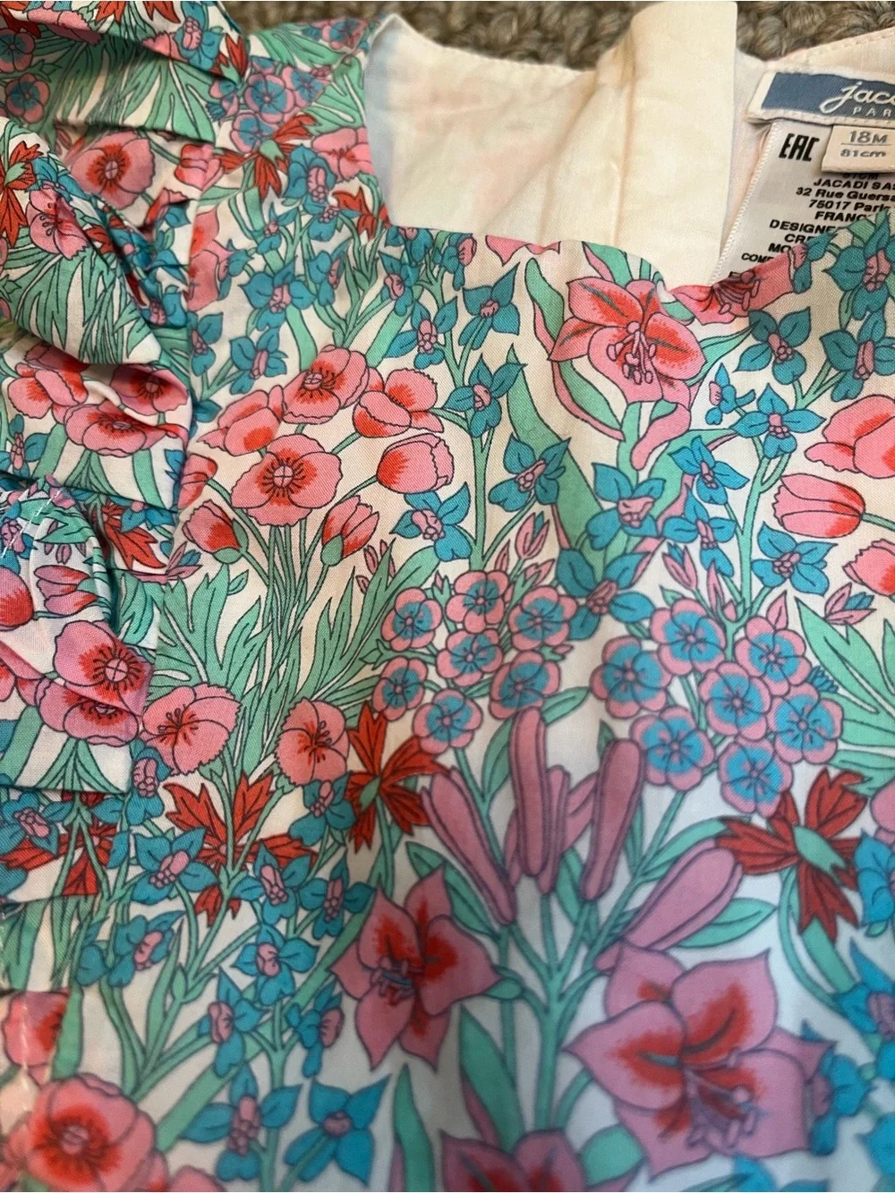 JACADI Floral Printed Romper - Pink & Green